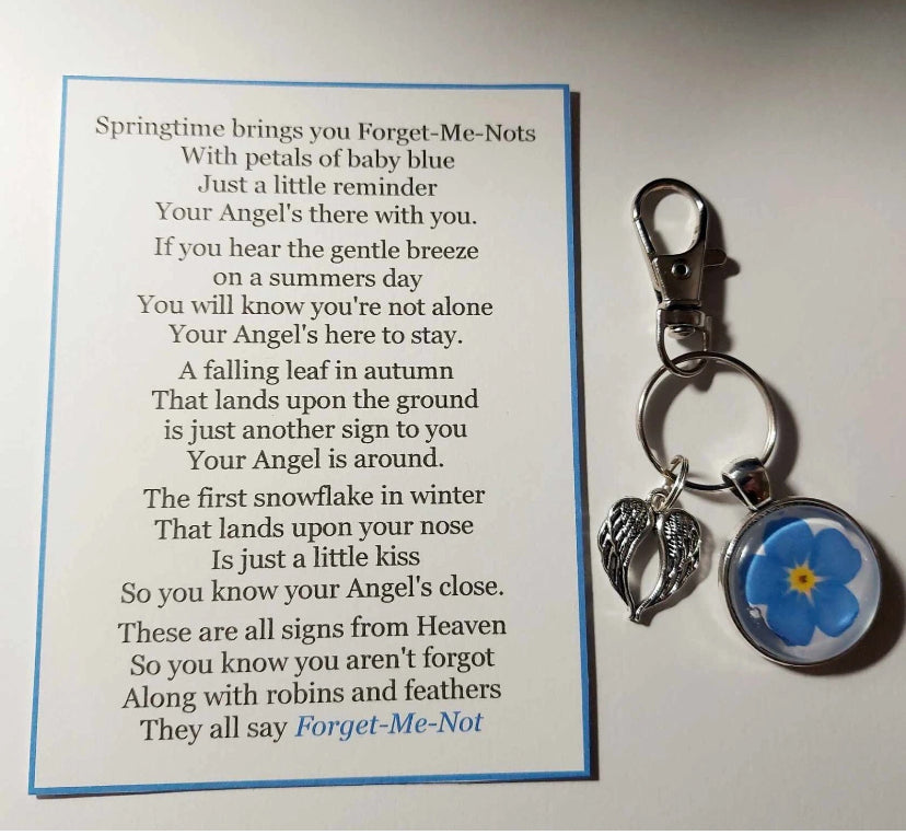 Forget-Me-Not Keyring With Angel Wings & Poem - Memorial - Remembrance - Angel