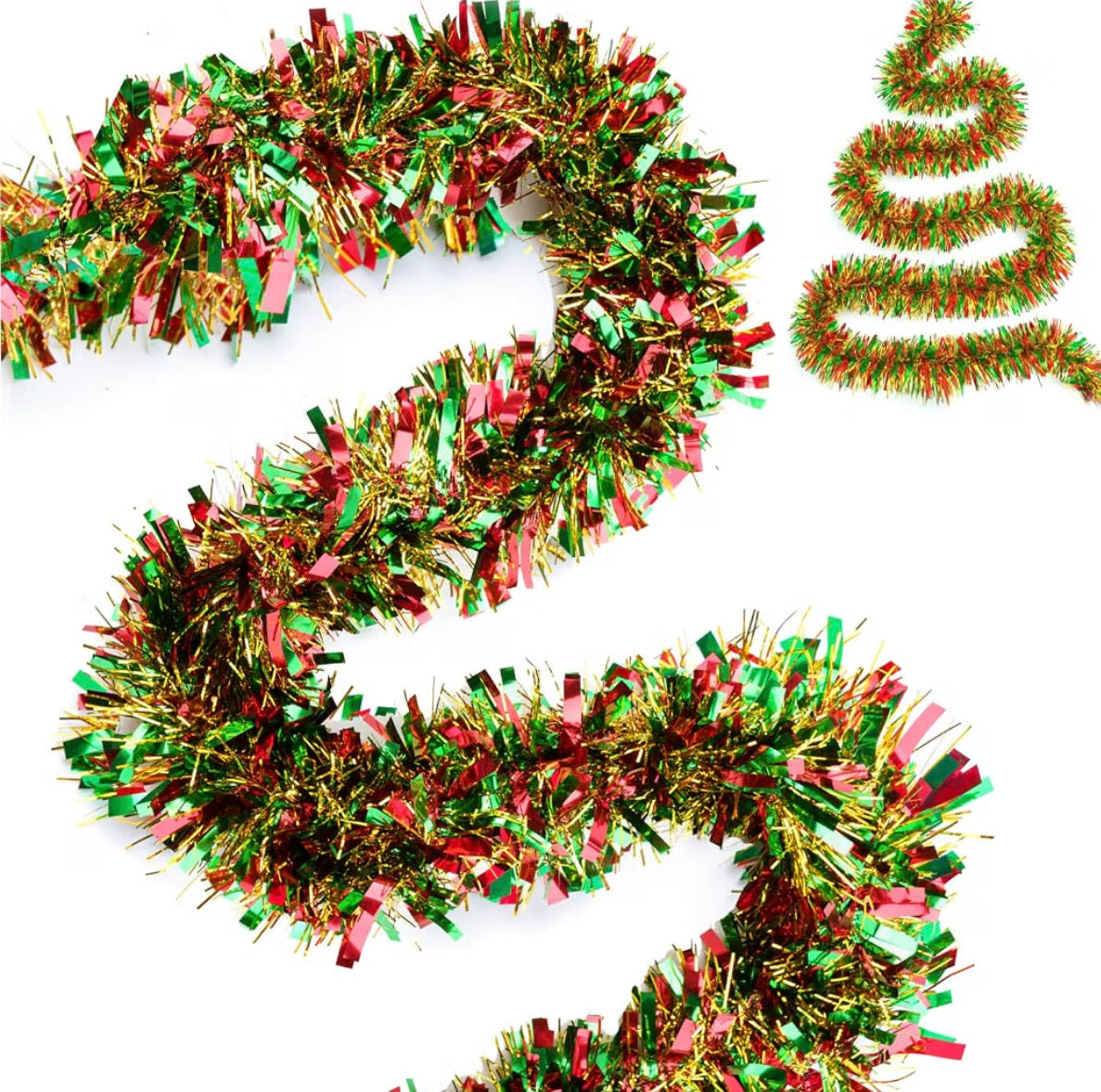 Red Green and Gold Christmas Tinsel Garland: 10m x 9cm Metallic Glittery Fluffy Hanging Decorations for Christmas Trees, Wardrobes, Doors