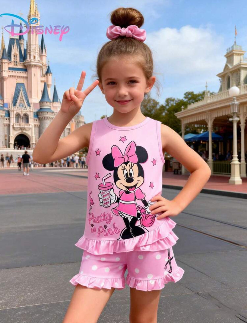 Disney Minnie Mouse & Flamingo Print Criss-Cross Ruffle Trim Tank Top And Polka Dot Shorts 2pcs Set