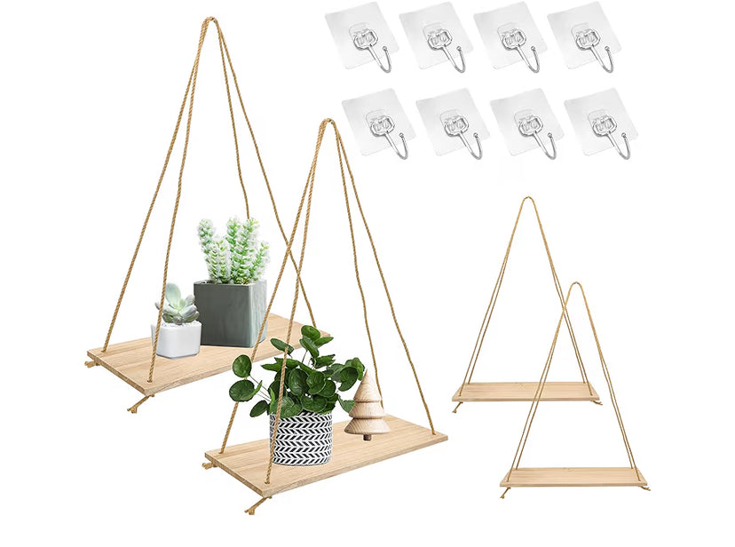 4 Set Wooden Hanging Shelves with Rope, Floating Hanging Shelf with String, No Drilling Rope Hanging Floating Shelves for Wall Decoration Display Plant Photo(Single Layer)