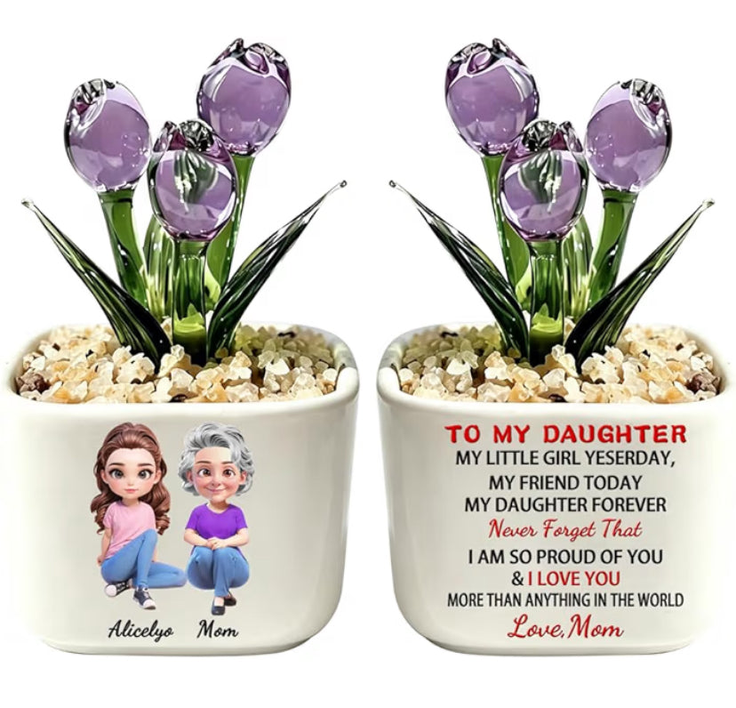 Personalized Name Flowers Double Side Home Decor To Mom Customized To My Daughter Decoration Glass Tulips Potted Plants Custom Glass Everlasting Tulips Pot With Mom And Daughter Cartoon Figure