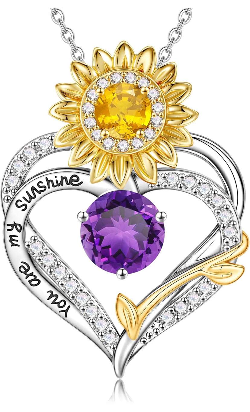 TINGN Sunflower Gifts for Women - 18K White Gold Plated Sunflower Birthstone Necklace for Women, Valentine's Day Birthday Presents Heart Pendant Necklace You Are My Sunshine Gifts for Girlfriend Mum