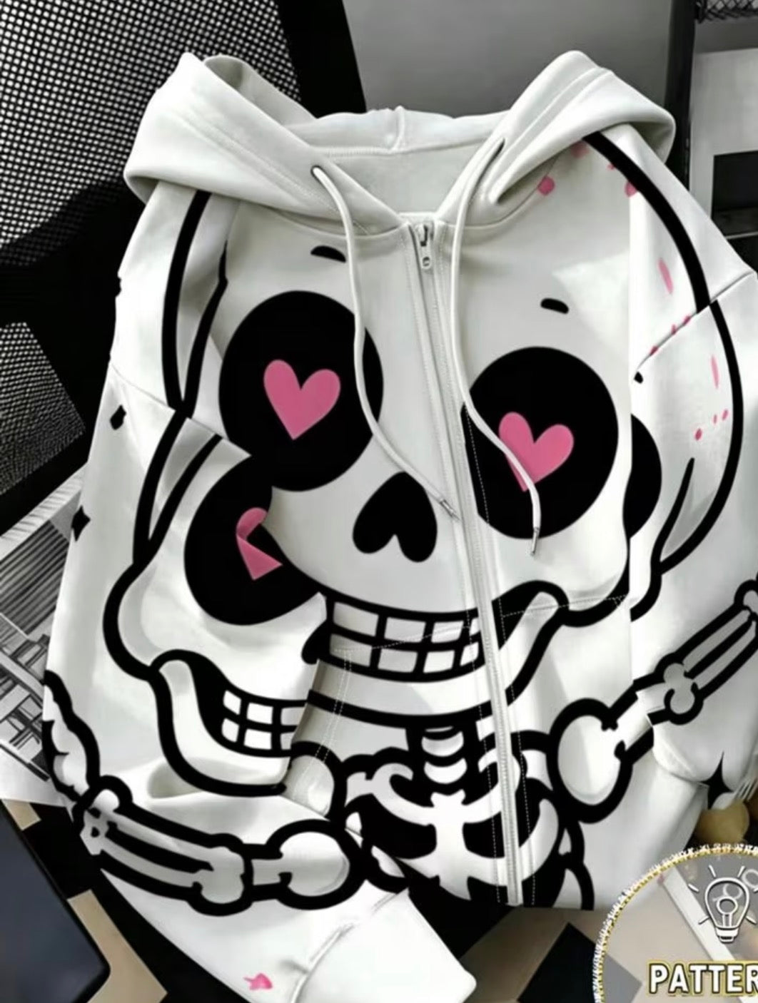 Women's Hooded Zip-Up Sweatshirt with Drawstring, Heart-Eye Cartoon Skull All-Over Print Loose Cardigan, Comfortable and Breathable Long-Sleeve Outerwear, Autumn/Winter Halloween Cool and Sweet Street Style Casual Versatile Top