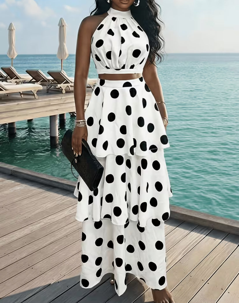 New Summer Polka Dot Print Elegant Halter Neck Camisole Top with Elegant Vacation Style Multi-Layered Skirt