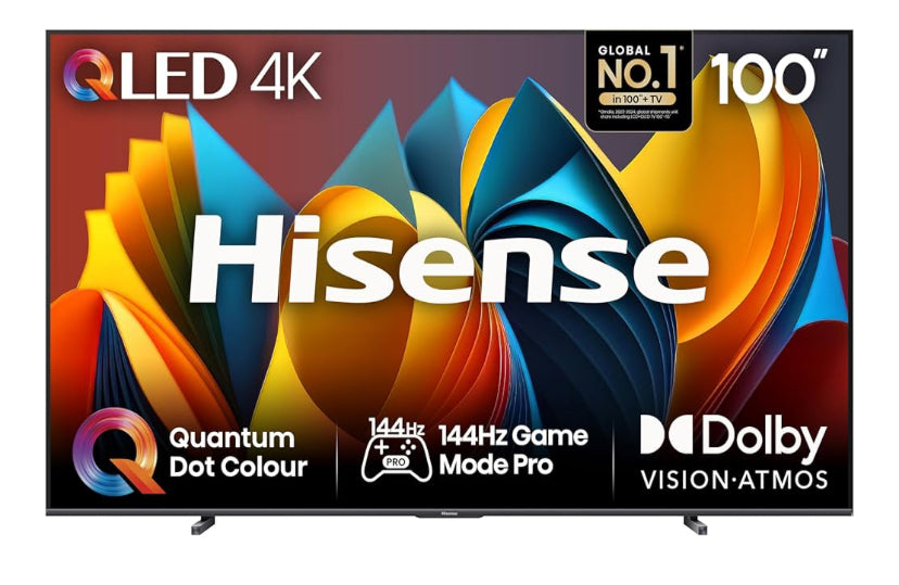 Hisense 100 Inch 4K QLED Smart TV 100E7NQTUK - Quantum Dot Colour, 4K AI Processor, Dolby Vision Atmos, Smooth Motion, Sports Mode, Vidaa OS with Freely, Youtube, Netflix and Disney+