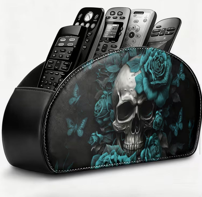 Blue Skull And Rose Remote Control Storage Box - 1pc - 5 Tier - Compatible with Tv/Dvr/Cable Box, Space Saving Tray for Living Room, Home Office, Bedroom - Fits AAA, AA, C, D, And 9V Remote Controls - Desktop Organizer for Glasses