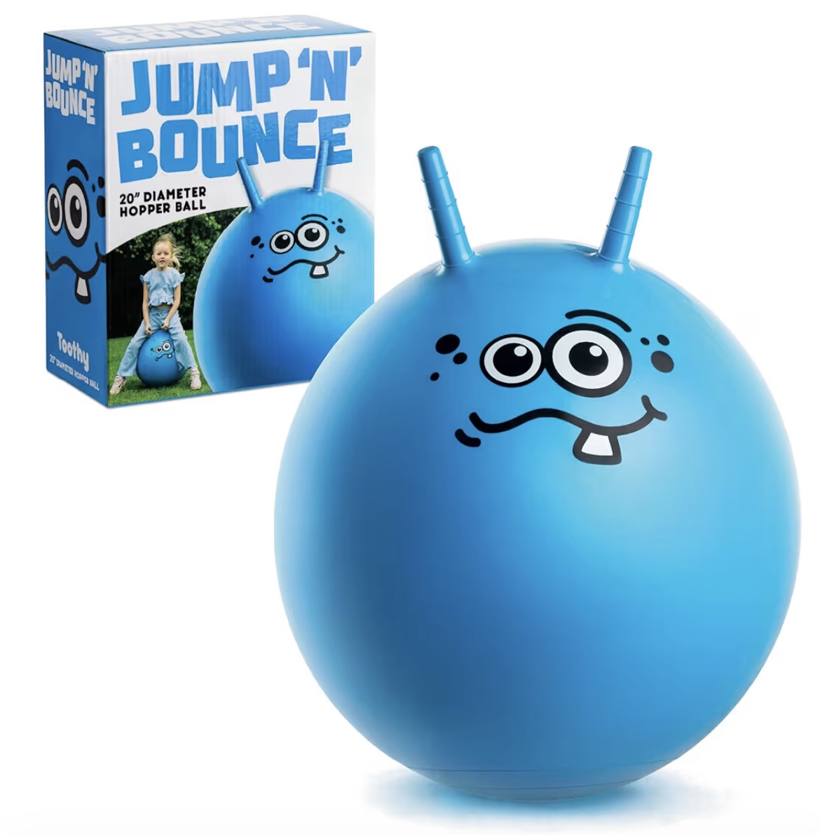 Jump N Bounce Kids Space Hopper, 20 Inch Retro Bouncing Ball with Easy Grip Handles, Outdoor or Indoor Exercise Toy for Ages 3+, Toothy BlueDesign