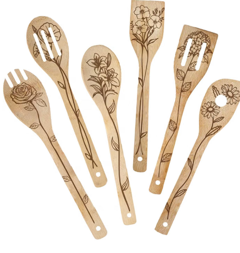 6Pcs 6 Styles Skull Cooking Utensils Bamboo Kitchen Spoons
