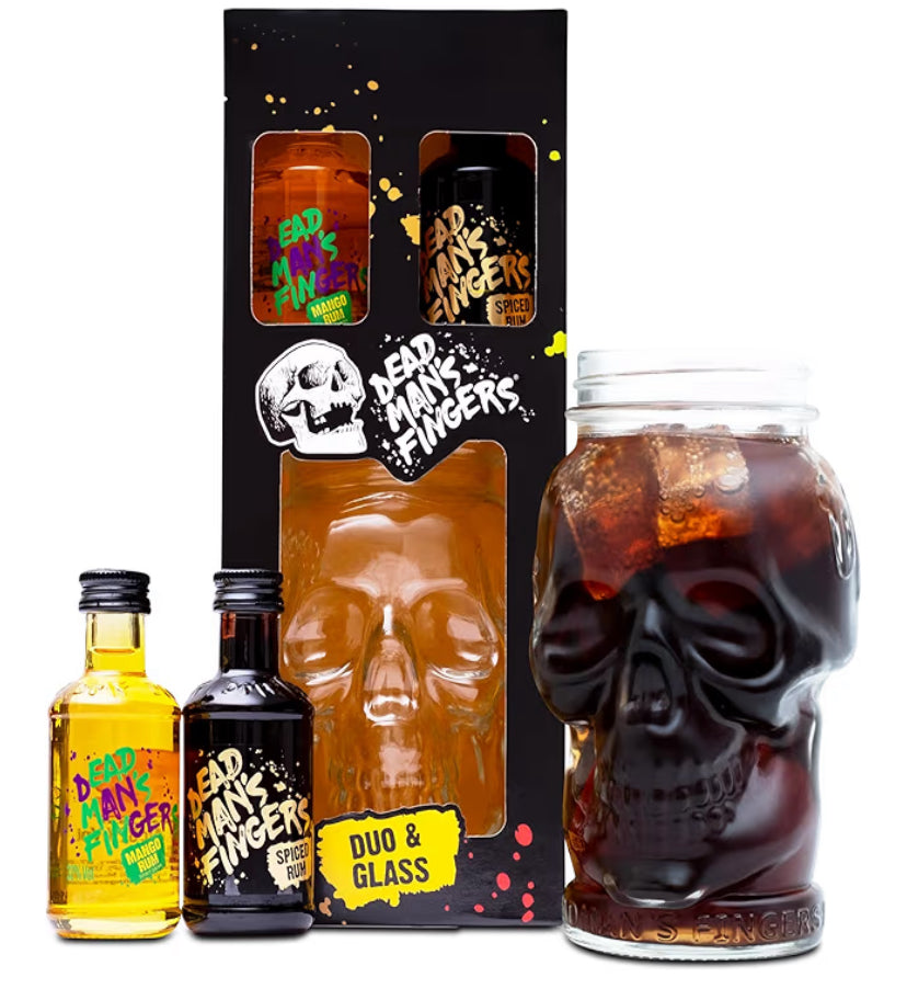 Dead Mans Fingers Rum Gift Set - Spiced & Mango Flavoured, Mini Alcohol Bottles x2 5cl Miniatures and Skull Glass - Official Rum Gifts for Men, Birthday, Dad Gifts, Boyfriend, Stocking, Christmas