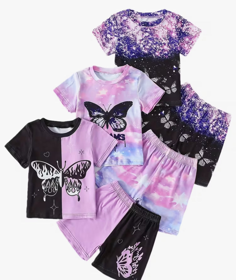 3pcs Girls' Clothing Set: Knitted Butterfly Print Round-neck Short-sleeved Top Paired with Color-blocked Butterfly Print Casual Shorts.