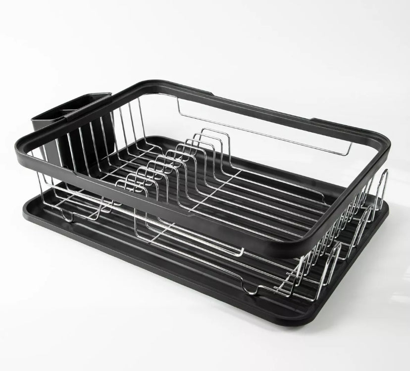 Grey or Black Kitchen Dish Drainer Rack with Plastic Drip Tray Cutlery Holder