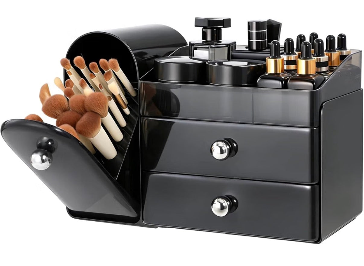 Large Vanity Makeup Organizer with Brush Holder & Drawers, Bathroom Countertop Skincare Storage for Lipstick Perfume Nail Polish Beauty Products,