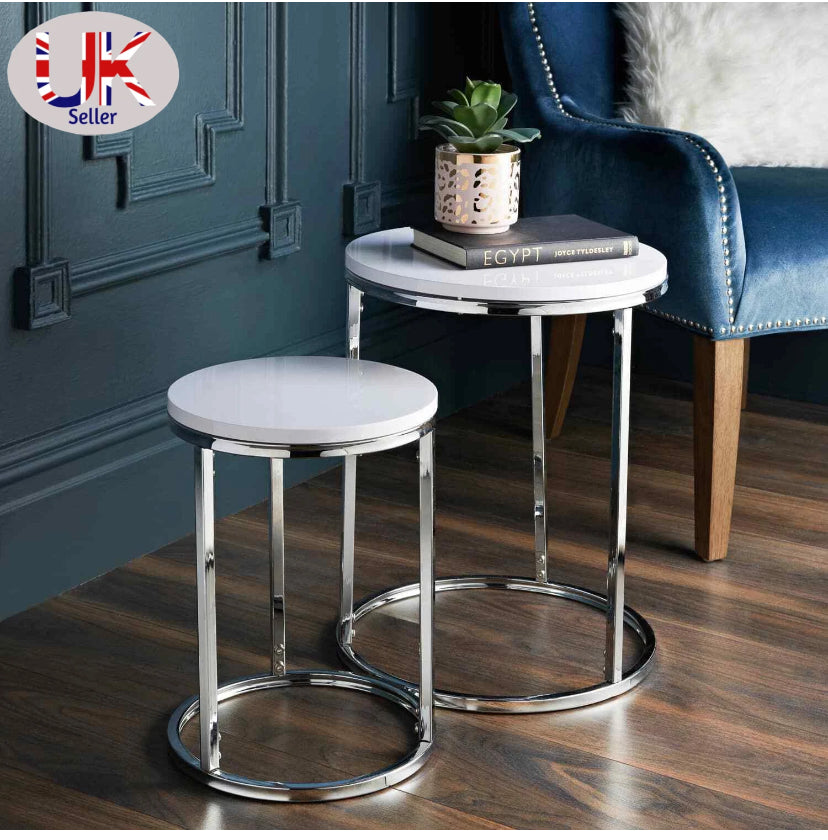 Nest of Tables High Gloss Set of 2 Coffee Side End Table White With Chrome Legs