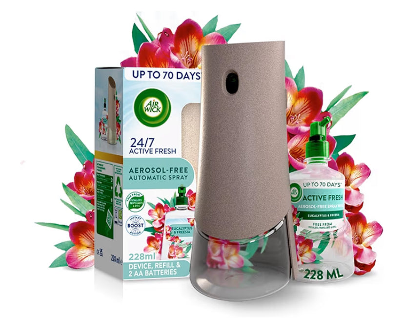 Air Wick Aerosol-Free Automatic Air Freshener Spray Kit, Eucalyptus & Freesia, 1 Gadget & 1 Refill (228ml), 24x7 Active Fresh Odour Neutraliser, Lasts Up to 70 Days, Air freshener For Home