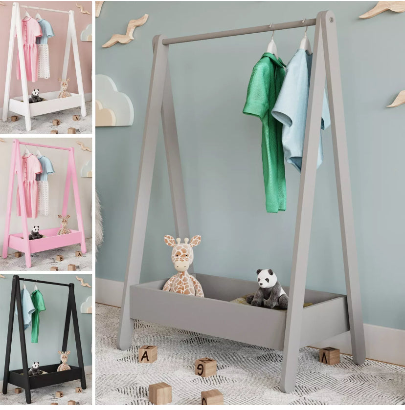 Kids Wooden Hanging Dress Up Clothes Rail Rack Display Stand Extra Storage Shelf