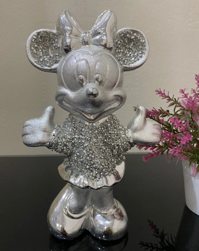 Silver Crushed Shiny Diamond Bling Minnie Mouse Free Standing Ornament For Home