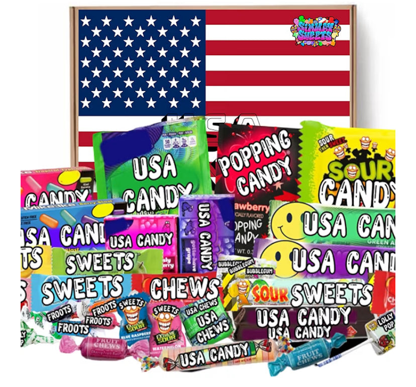 American Sweets Gift Box - Imported USA Candy Hamper - Includes 30 Assorted Treats, Mixed Flavours & Favourite Brands By Simway Sweets