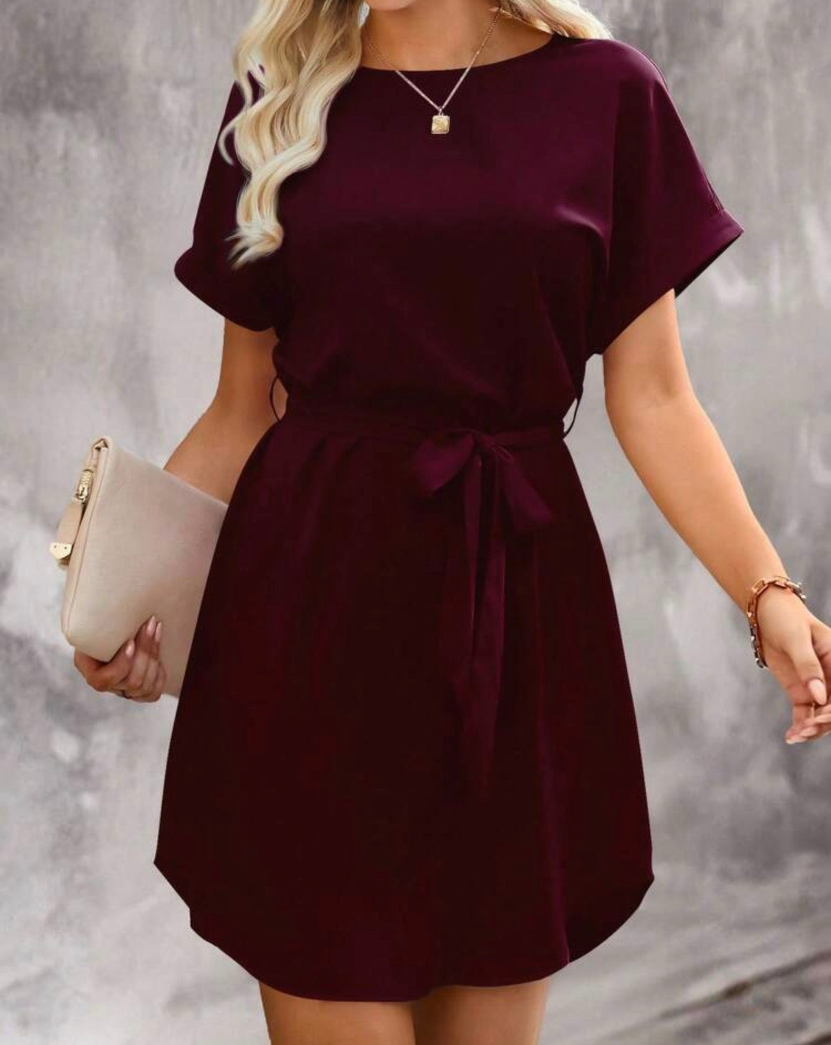 Women's Casual Solid Color Waist Belt Short Sleeve Dress