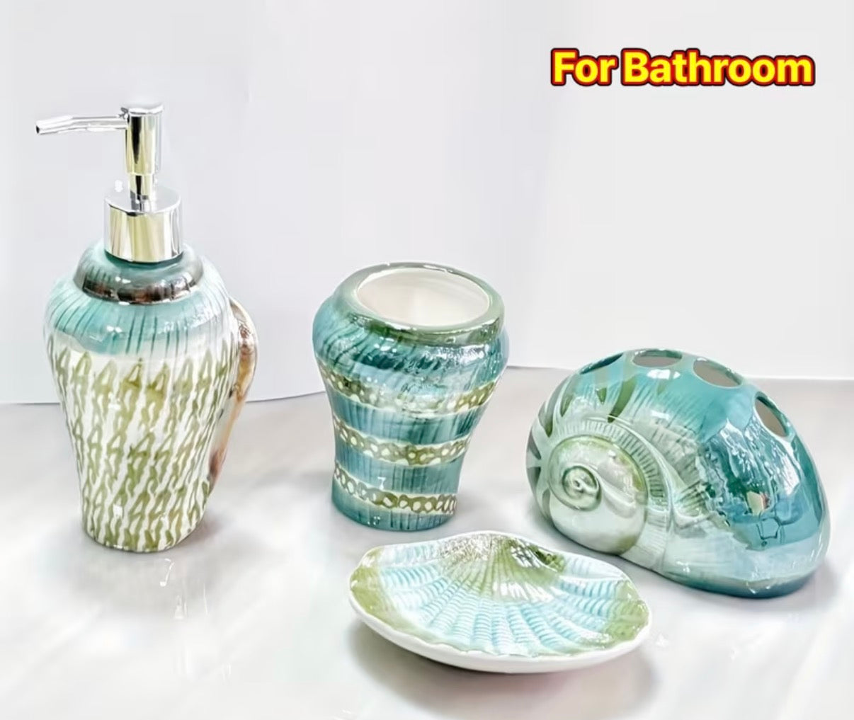 Ocean Conch Sea Shell Ceramic Bathroom Additions Set of 4, 1 Gargle Cups 1 Toothbrush Holders 1 Soap Dishes 1 Soap Dispenser