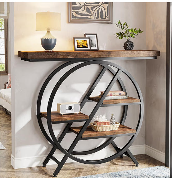 Tribesigns Console Table, 39.4-Inch Entryway Table with Thickened Tabletop, 4- Tier Industrial Narrow Hallway Sofa Table with Geometric Metal Frame for Living Room, Entryway (Rustic Brown)