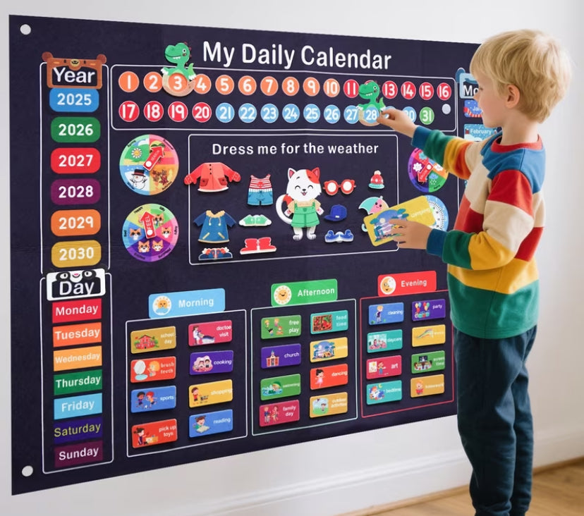 Life Planning Chart Schedule - Busy Board - 47pcs Children's Felt Calendar Flash Card Learning Board - Wall Mounted Time Date Weather Cognition Chart - Boys and Girls' Birthday Gifts 40.2X29.5in