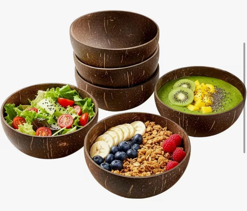 1 Set of 4pcs: Two Coconut Bowls and Two Wooden Spoons, Healthy Vegan Salad Bowl & Smoothie Cups, Natural Raw Coconut Serving Dishes