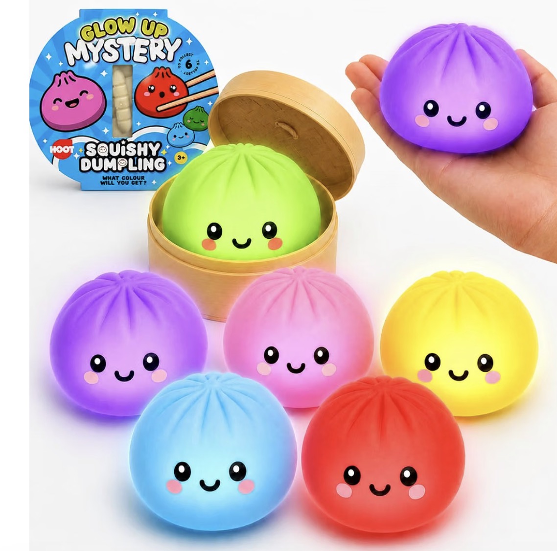 Glow in Dark Dumpling Toy 8.5cm - 1x Random Mystery Surprise Bao Bun Dumpling with Steamer Box, Air Filled Squishy Viral Dumpling