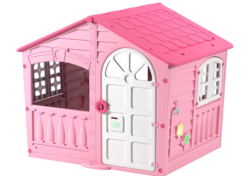 Plastic Playhouse, House of Fun, Indoor and Outdoor Playhouse, UV Resistant, Playhouse for Girls and Boys, Imagative Fun, Suitable for Ages 2+, Pink and White, 130 x 111 x 115cm