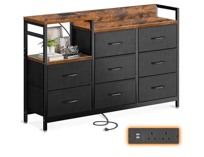 Chest of Drawers Bedroom, Contains 2 USB & 2 AC Ports Sockets, Storage Dresser with 8 Fabric Drawers Suitable for Bedrooms, Living Rooms