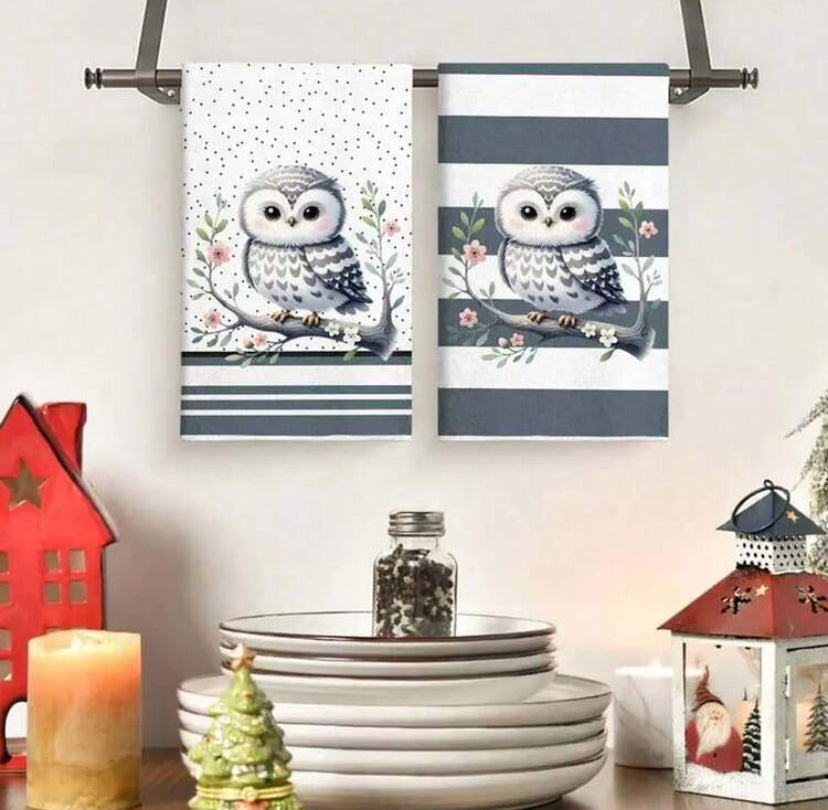 2pcs Gray Owl Hand Towels, Soft & Absorbent Machine Washable Polyester Dishcloth, Perfect For Kitchen Decor, Cooking.Baking, Holiday Decor & Bathroomssentials, TableDecor, Kitchen Supplies, Home Decoration, New Home Bathroom Housewarming Gift, Kitchen
