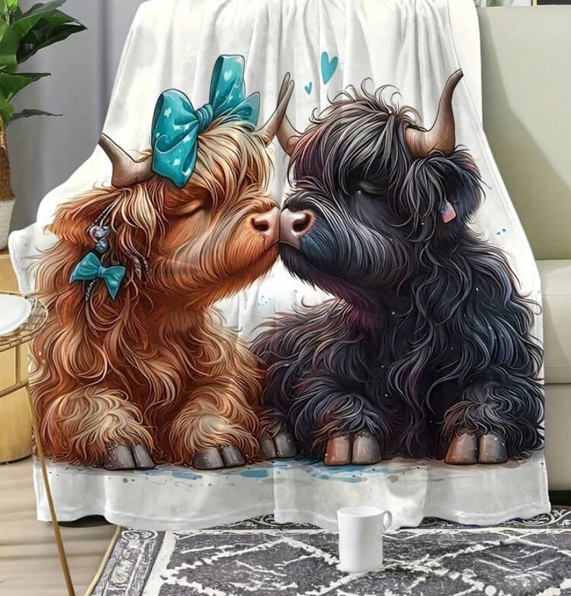 1pc Watercolor Style Cute Highlander Cow, Blue Bow, Natural Animal Pattern Square Plush Blanket, Soft & Warm, Year-Round Use For Living Room, Sofa, Lounge Chair, Bedroom, Travel, Camping, Gift