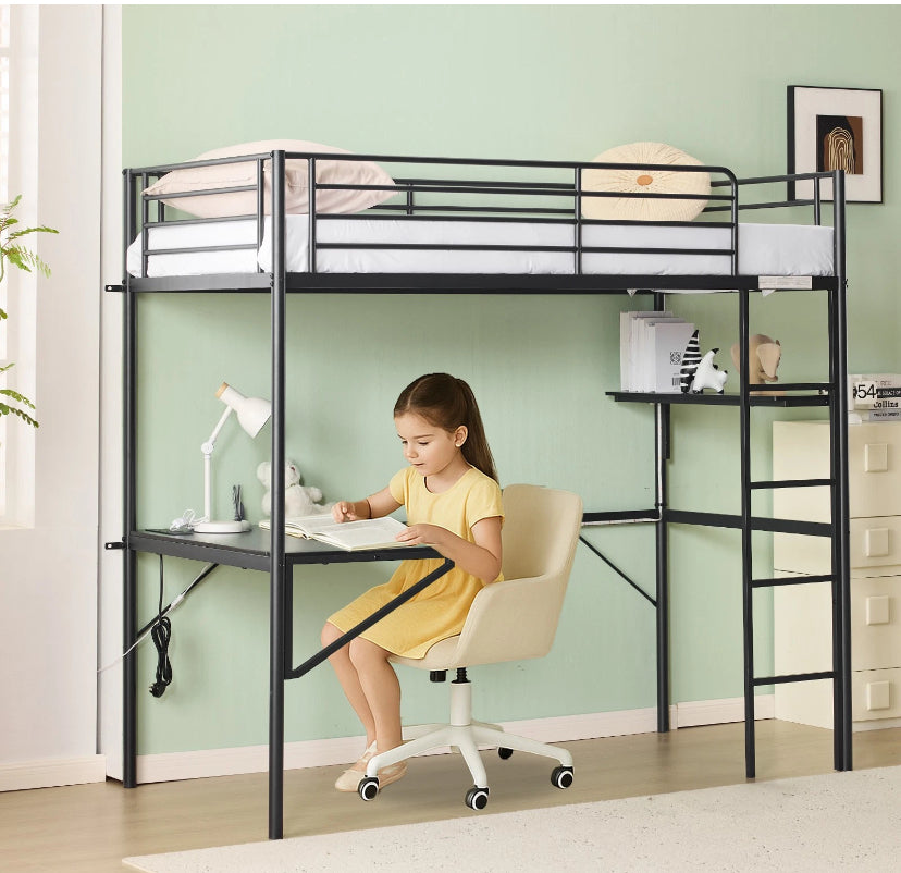 Bunk Single High Sleeper Bed with Gaming Desk Gaming Bed with/Socket/LED- BLACK