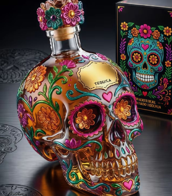 Skull Decanter Bottle, High Borosilicate Glass Liquor Dispenser, Day of The Dead Skull Shaped Wine Bottle, Creative Bar Decoration, 500Ml Alcohol Decanter for Home Bar, Halloween, Party Decor, Unique Gift