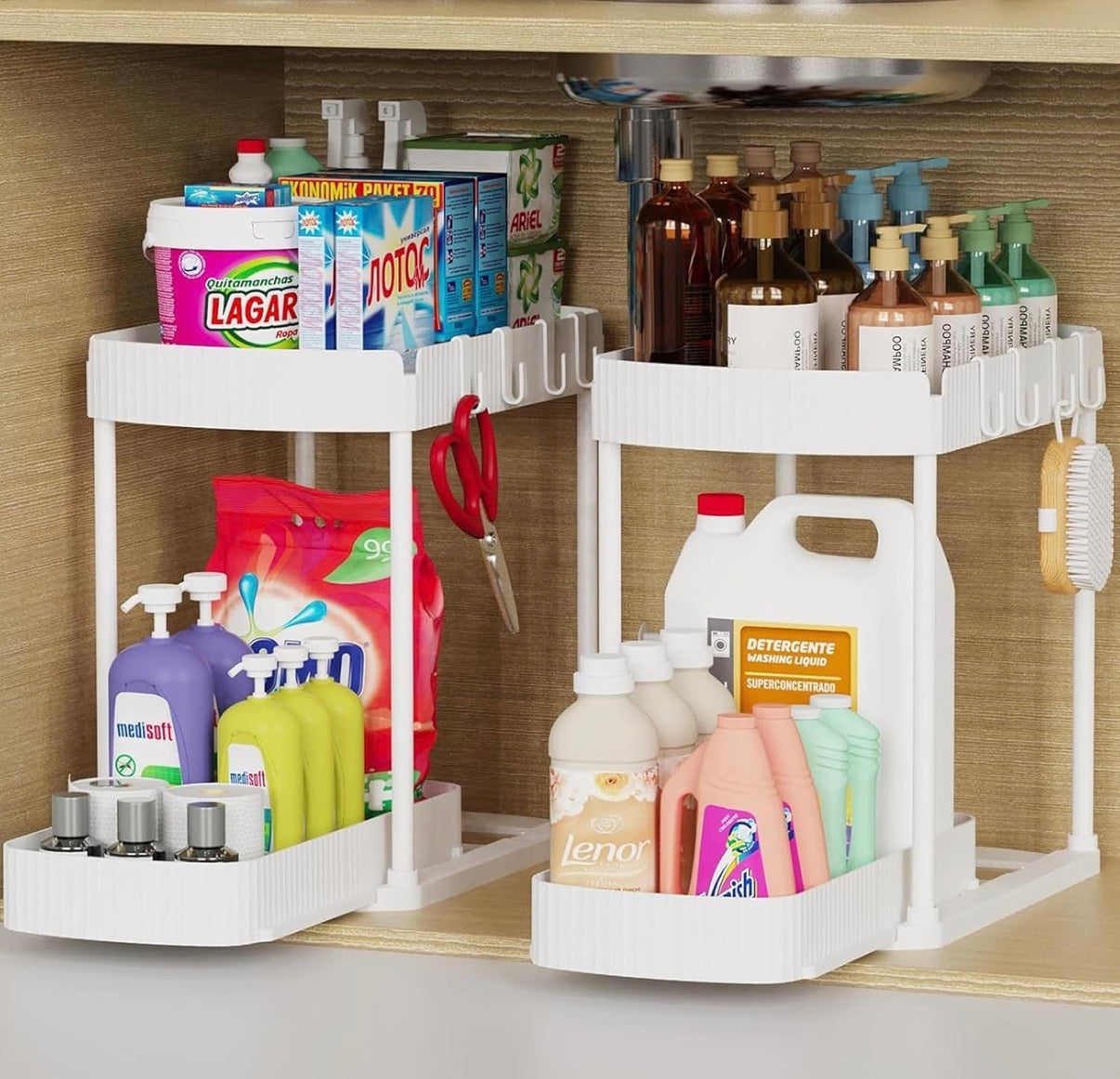 Under Sink Storage 2 Tier Sliding Organiser, Multi-Purpose Shelf Organiser, Pull Out Cabinet Basket Drawer