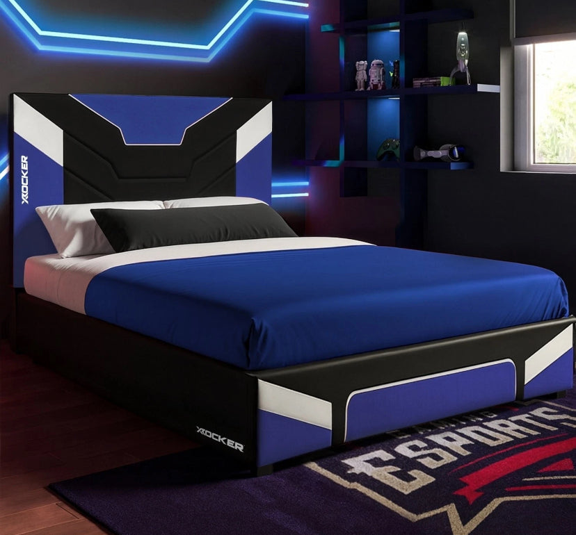 X-Rocker Cerberus MKII 3ft Single, Gaming Upholstered Bed Frame - Flat-pack for Easy Assembly, Breathable Comfort, Wooden Slats, Wipe-Clean Faux Leather for Kids & Teens - Blue - 90x190cm