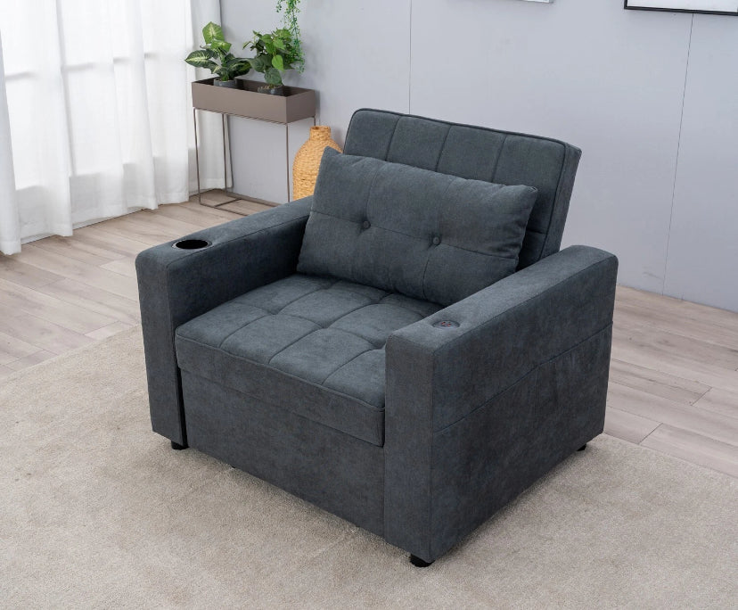 Linen/Faux Leather Sofa Bed - Single Recliner Armchair Sofa Bed with Storage