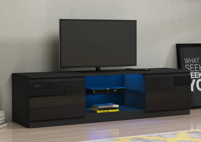 Modern TV Unit Stand Cabinet Black High Gloss Doors & Matt Body RGB LED Lights