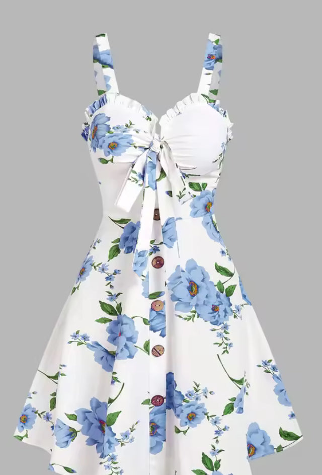 Dressfo Women's Dress Allover Floral Pattern Ruffle Bowknot Empire Waist Vacation Dress