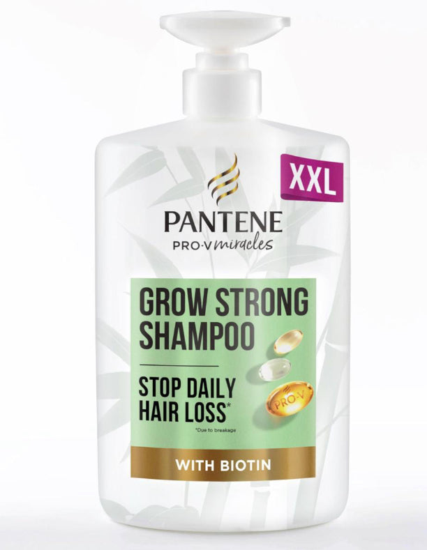 Pantene Grow Strong Shampoo with Biotin & Protein Strengthener 1L XXL pump. Helps Reduce Hair Loss Due to Breakage for Hair that Grows Long & Strong. For Dry Damaged Hair, helps promote hair growth.