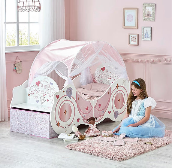 Toddler Bed: Sturdy Engineered Wood Construction, Guarded Sides, Wooden Slats, Fits 140cm x 70cm Mattress (Mattress not included) - Princess Carriage
