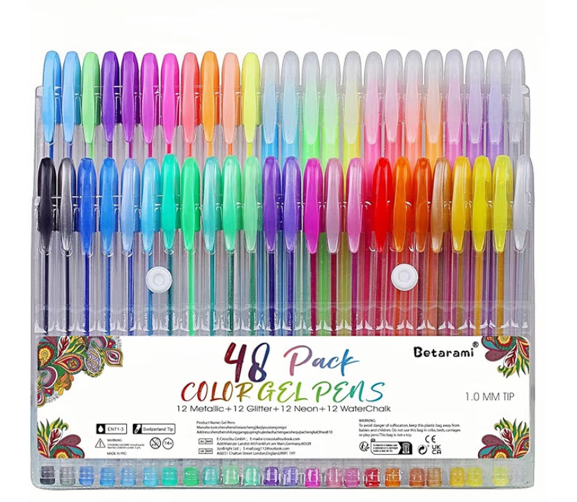48 Pcs Coloring Gel Pens, Including 12 Glitter, 12 Metallic, 12 Neon, 12 Water Chalk, Color Pen for Coloring Books,Drawing