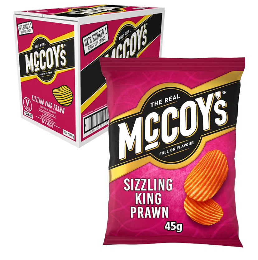 McCoys Sizzling King Prawn Grab Bag Crisps 45g (Multipack BOX of 36) - Fully loaded with flavour, iconic ridged crisp, unmistakable crunch.