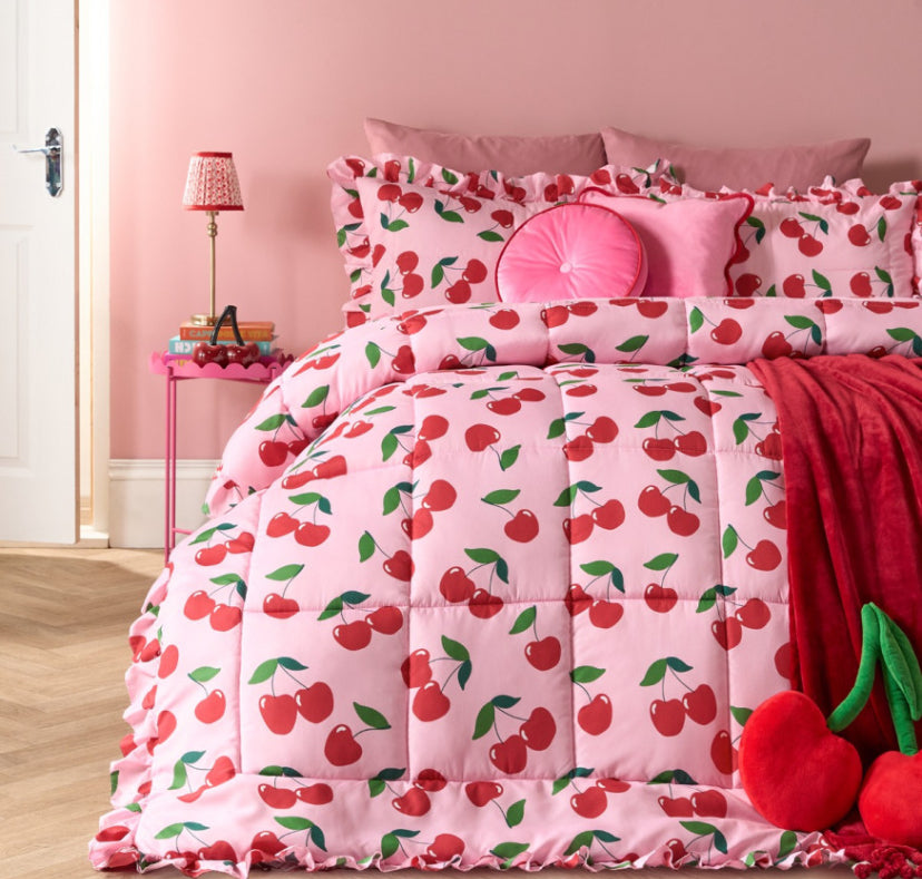 Cherry Print Frill Edge Coverless 7.5 Tog Duvet Set - Pink/Red