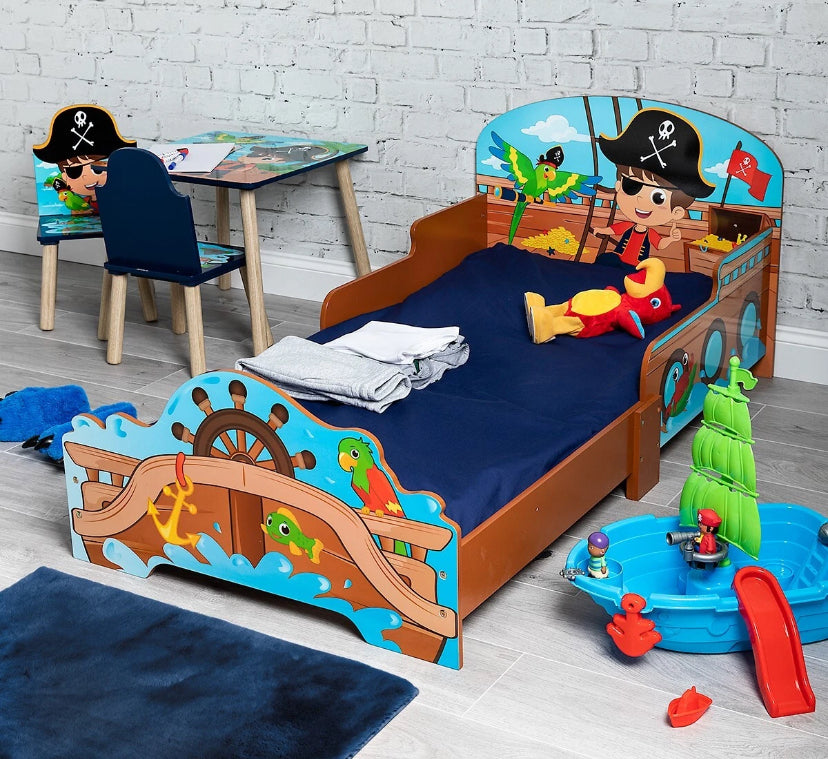 Kids Pirate Theme Wooden Single Bed Ship Boat Frame & Guardrails Junior Bedroom