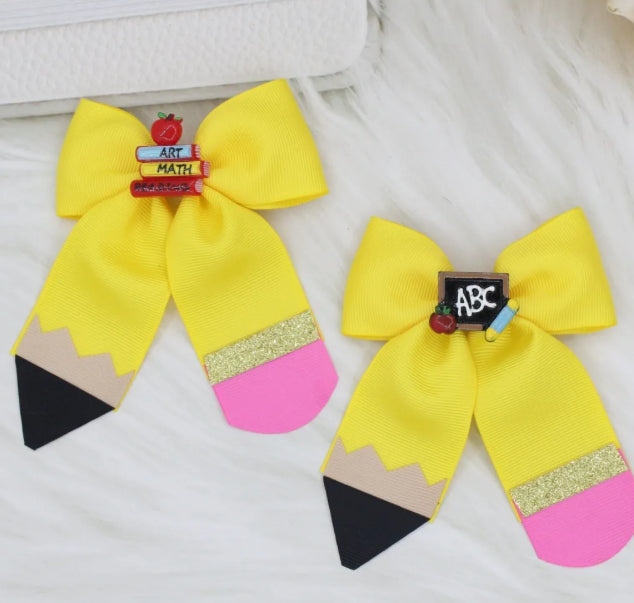 Yellow Grosgrain Ribbon Pencil Bow Hair Clip With Mini Book Apple Decorations Back To School x2