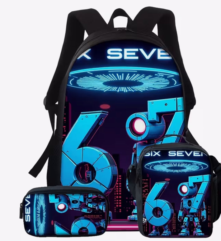 3pcs Backpack Set, Futuristic Tech Style, Robot Number 67 Pattern,