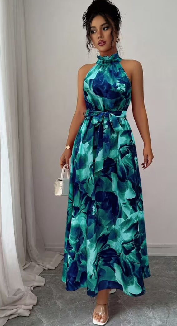 Plus Size, Summer Plus Size Women's Elegant Printed Backless Halter Neck Dress, Vacation Style Waist-Cinching Long Dress