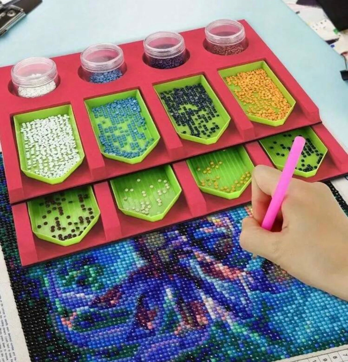 4-Slot Diamond Painting Tray Storage Rack Set, Includes 1 Red EVA Foam Multi-Layer Tray And 4 Small Trays x2