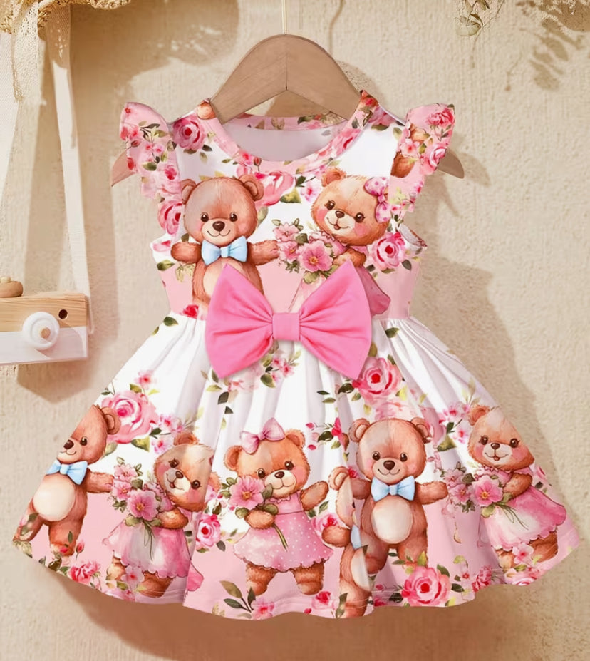 Pink Girls' Cute Floral Cartoon Bear Print Round-neck Knit Dress