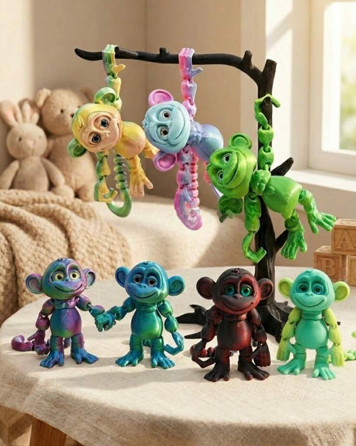 A 3D Printed Monkey Figurine With Movable Joints, Vibrant Colors